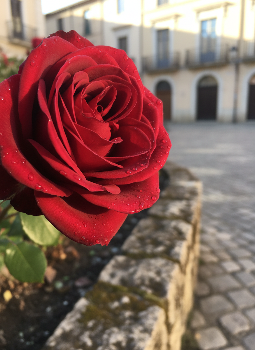 A graceful, deep crimson heritage rose in full bloom, its velvety petals layered in tight spirals with tiny dew droplets clinging to the edges, fills the foreground in photographic realism. The flower grows from a well-tended garden bed bordered by weathered stone, with a blurred hint of a classic European town square beyond: pale stucco walls, wrought-iron balconies, and cobblestone. Soft golden hour sunlight slants in from the side, catching the dewdrops and casting delicate shadows on the petals. Shot at eye level with a shallow depth of field, the composition uses the rule of thirds to keep the rose slightly off-center, evoking a sophisticated, intimate travel journal mood.