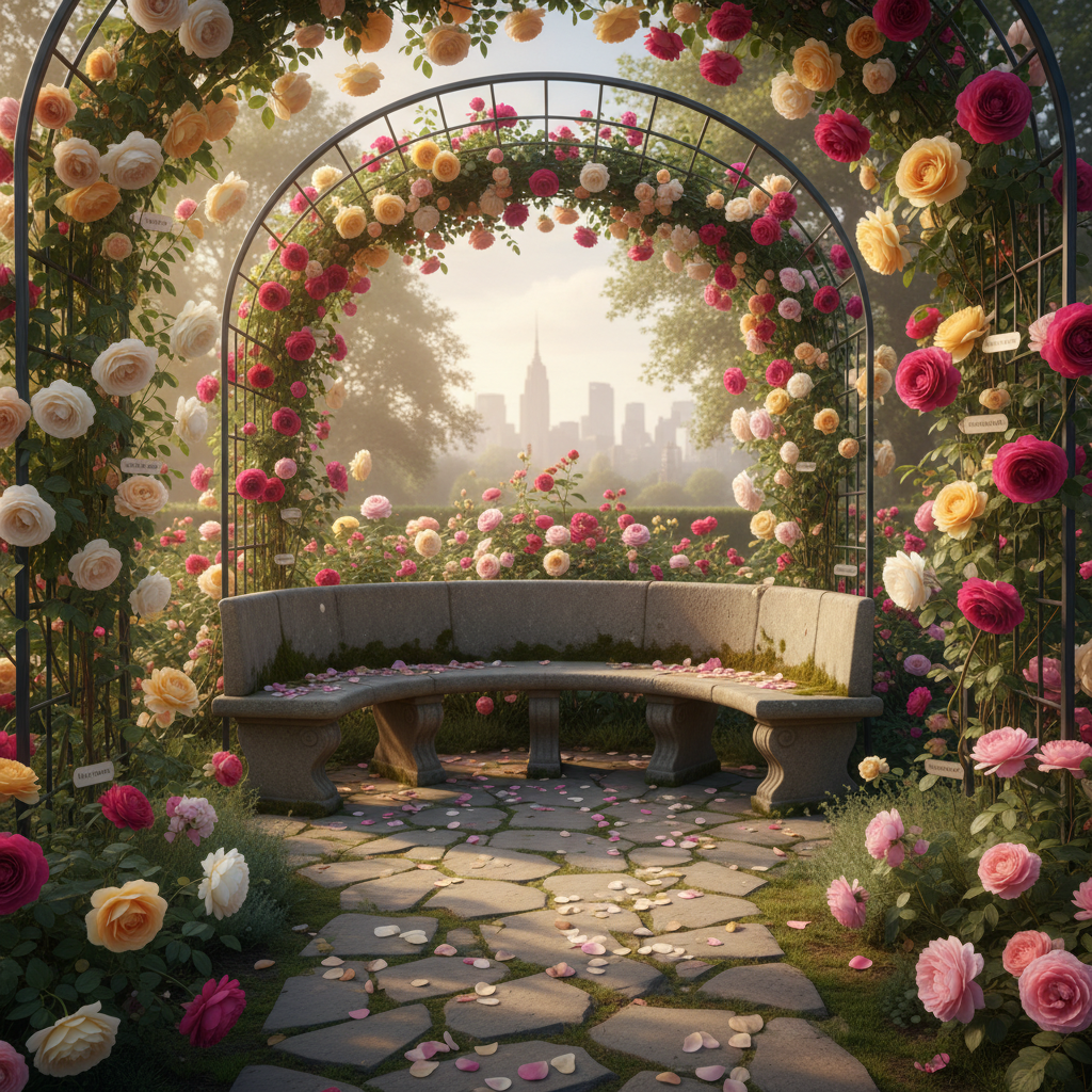 A tranquil corner of a private rose garden in photographic realism, designed as a retreat after travels: a weathered stone bench curves gracefully beneath an arched metal trellis densely covered in climbing roses ranging from soft white to deep magenta. Fallen petals create a natural scatter on the flagstone paving. In the background, a subtle suggestion of a distant city skyline appears softly blurred, implying homecoming after a journey. Warm, late-afternoon sunlight filters through the foliage, casting dappled light and shadow patterns on the bench and path. Captured at eye level with balanced framing, the composition feels serene, intimate, and sophisticated, ideal for a garden page introducing named rose varieties and their stories from different places visited.