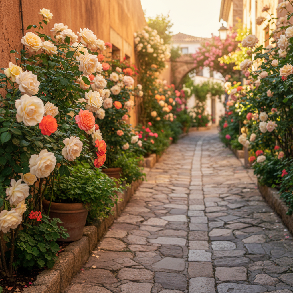 A sunlit stone pathway in a historic Mediterranean village leads the viewer’s eye between terracotta walls draped with climbing roses in varying shades of ivory, blush, and coral, each blossom captured in crisp photographic detail. Clay pots overflow with companion plants, their leaves forming a lush green backdrop that frames the roses naturally. Soft, diffused late-morning light washes over the scene, creating gentle contrast and subtle texture in the stone and petals. Shot from a slightly low angle looking forward along the path, the composition suggests a quiet, inviting route into shared adventures, with a moderate depth of field keeping the near roses sharp while the distant alley fades into a tasteful, authentic blur.