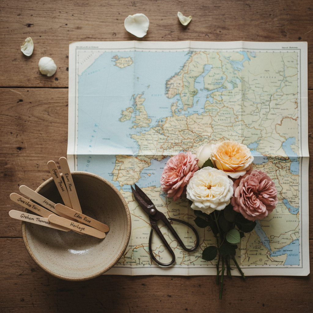 A close, top-down photographic view of a rustic wooden table set for planning the next journey: a folded, slightly worn map of Europe lies open, its lines and colors muted and softly out of focus. On top rests a small bundle of freshly cut garden roses in cream, soft apricot, and dusty rose tones, their petals delicately ruffled, with a few loose petals scattered around. A simple ceramic bowl containing labeled plant tags and a metal pruning shear sits nearby, hinting at rose garden care between trips. Gentle overcast daylight from a nearby window creates even, flattering light with minimal shadows. The mood is contemplative and organized, carefully balancing travel and gardening in a quiet, sophisticated composition.