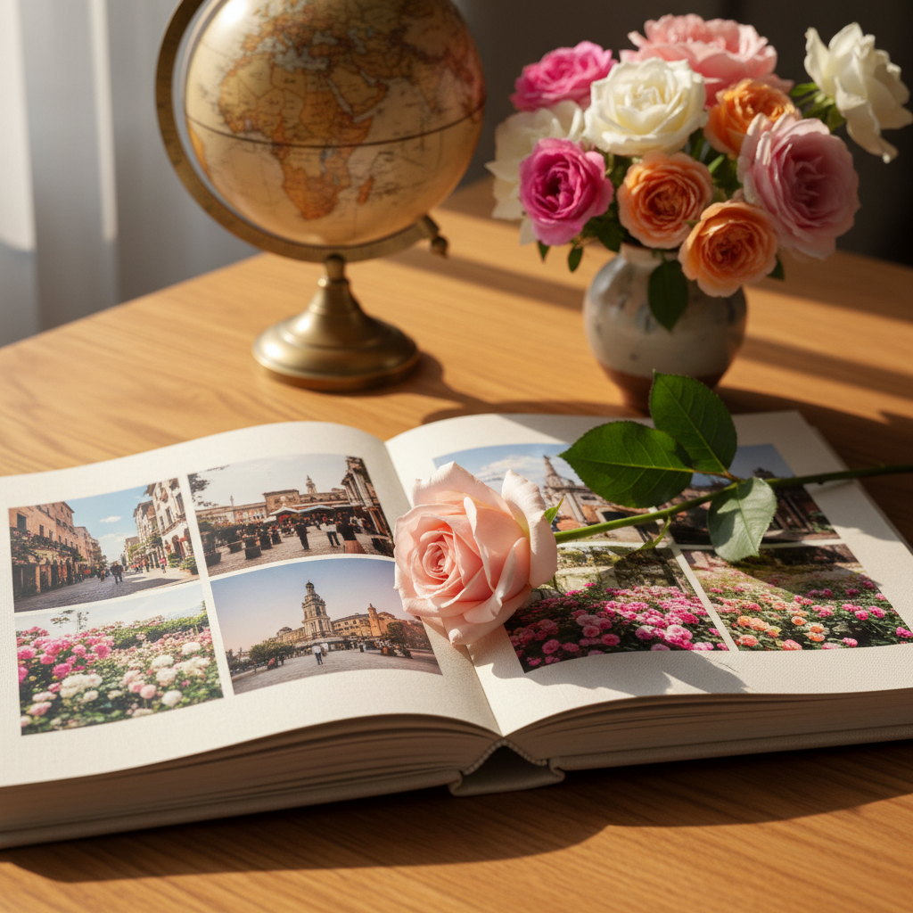 An elegant travel-themed writing desk scene in photographic realism: an open, linen-textured photo album lies on a warm wooden table, its pages showing softly blurred prints of distant cities and abundant rose gardens. A single long-stemmed pale pink rose with gently curling petals rests diagonally across the album, its leaves a deep matte green. Behind it, a vintage-style globe and a small ceramic vase of mixed garden roses add subtle depth. Late afternoon natural light streams through an unseen window, creating gentle highlights on the rose and soft shadows across the table. Captured from a slightly elevated angle with a calm, refined composition, the atmosphere feels personal, reflective, and sophisticated, perfect for a homepage hero image about shared journeys and blooming memories.